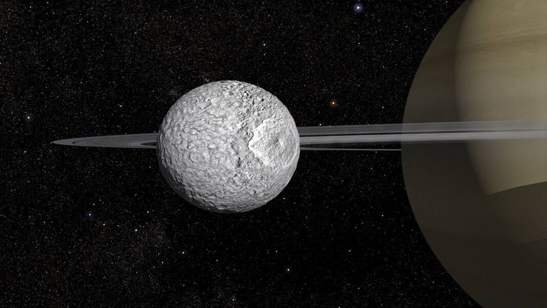 Ilustración da lúa Mimas de Saturno. Foto: Frédéric Durillon, Animea Studio / Observatoire de Paris – PSL, IMCCE