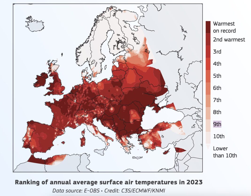Clasificación das temperaturas promedio anuais do aire en superficie en 2023. Foto: Informe do Estado do Clima en Europa