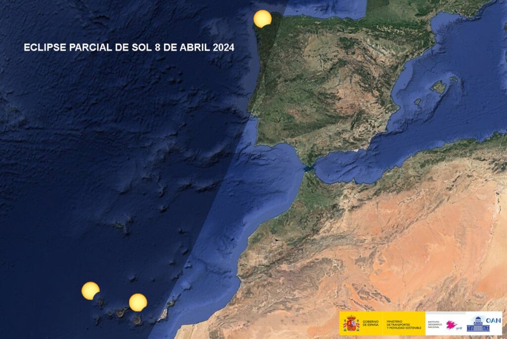 Mapa que mostra os lugares onde vai poderse ver a eclipse solar parcial: Galicia e as Illas Canarias. Foto: Real Observatorio Astronómico de Madrid, Instituto Xeográfico Nacional 