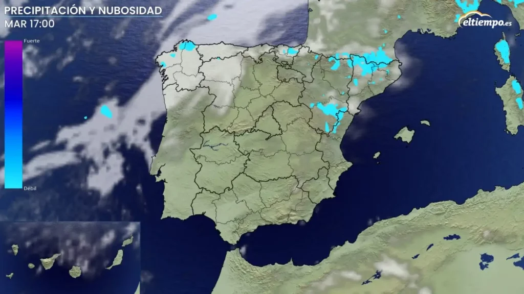 Mapa precipitacións e nubosidade para a tarde do martes