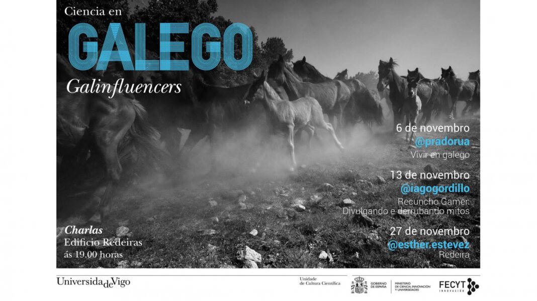 Cartel da actividade da UVigo co gallo da Día da Ciencia en Galego.