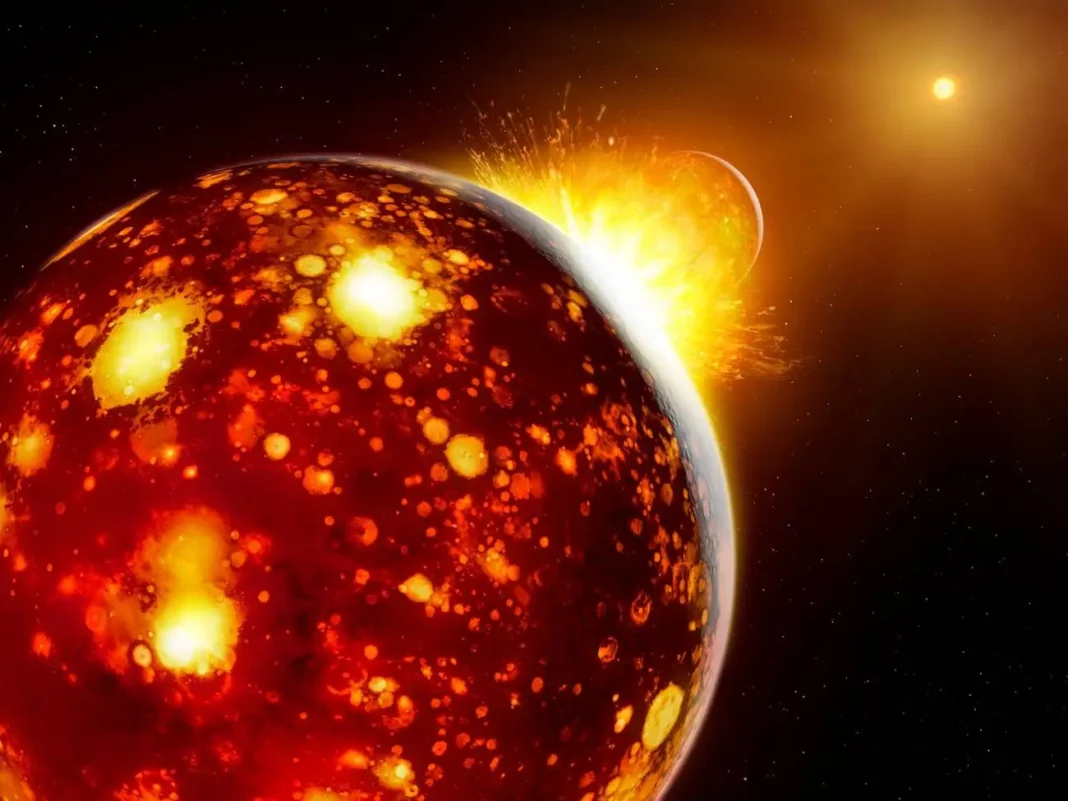 Impresión artística da colisión entre a Terra primitiva e Theia.