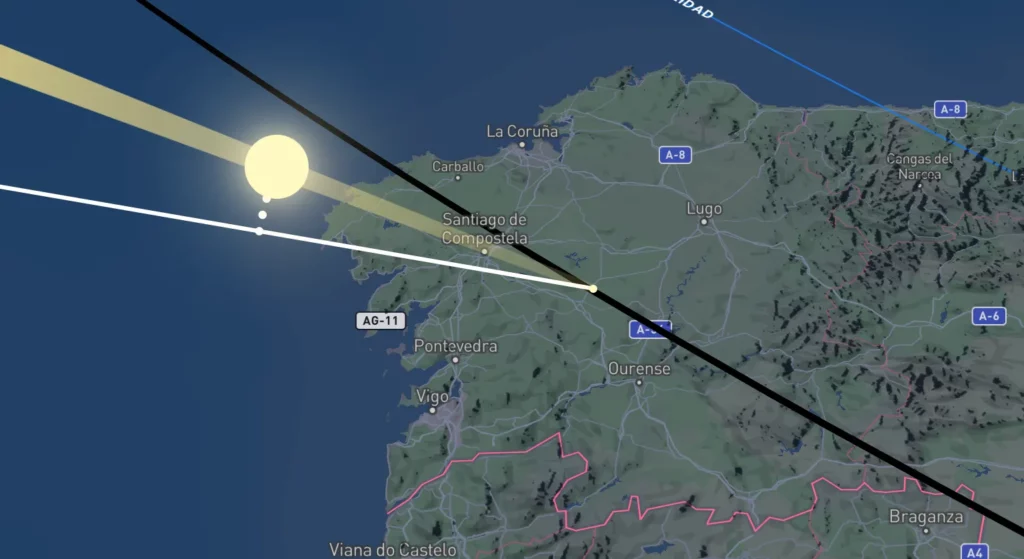 Mapa da posición do Sol. Captura de pantalla de The Eclipse App.