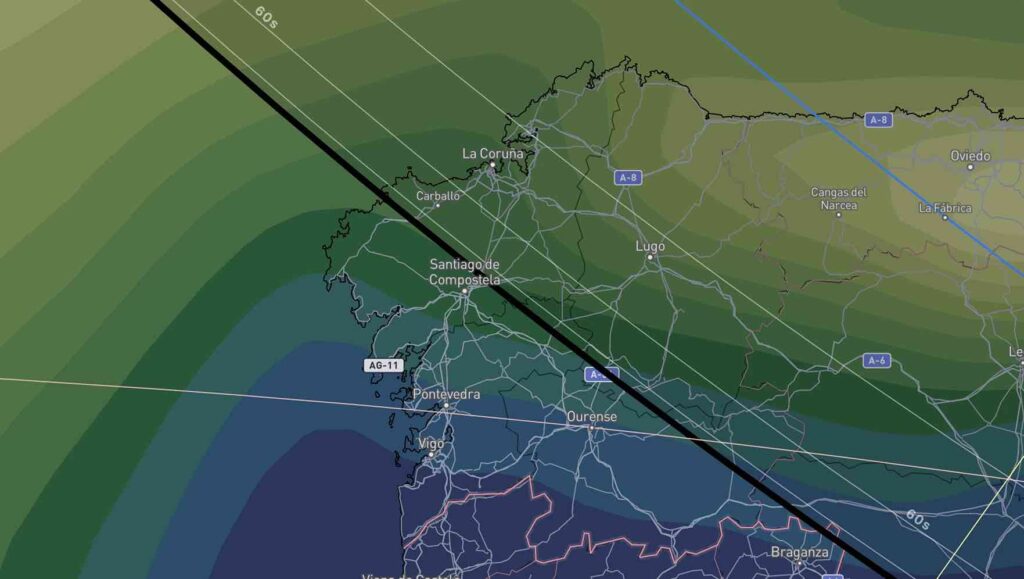 Mapa de risco de nubosidade sobre Galicia. Captura de pantalla de The Eclipse App.