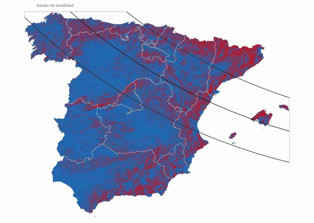 Mapa completo onde se representa a visibilidade cara ao horizonte durante a eclipse total de Sol do 12 de agosto de 2026. Foto: Dominic Royé