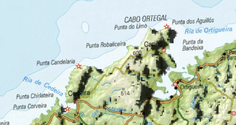 Sombra proxectada no cabo Ortegal no día da eclipse total de Sol. Captura de pantalla do visualizador de eclipses do Instituto Xeográfico Nacional. 