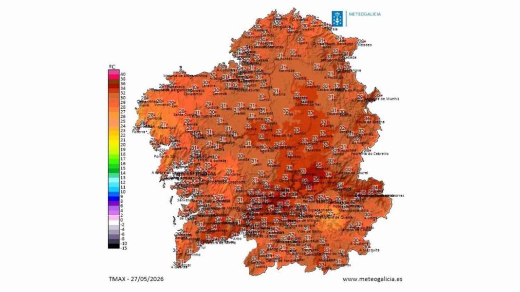 Mapa de temperaturas máximas do mércores 27 de maio de 2026. Foto: MeteoGalicia