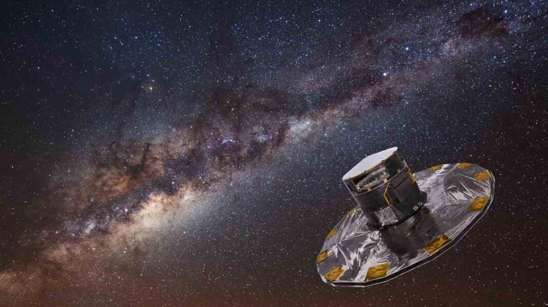 Gaia mapeando as estrelas da Vía Láctea FOTO: ESA/ATG medialab; background: ESO/S. Brunier