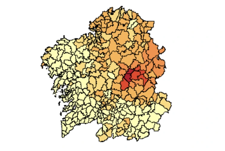 Distribución do apelido López en Galicia, segundo o censo de 2001.