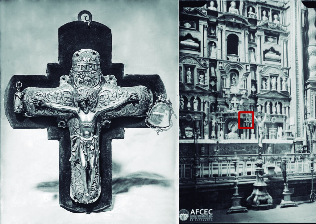 Á esquerda, fotografía inédita de 1919 localizada no Arxiu Mas do Institut Amatller d’Art Hispànic de Barcelona. Á dereita, imaxe do retablo da capela das reliquias da Catedral de Santiago, de Joaquim Morelló i Nart vía Memòria Digital de Catalunya. Montaxe: Francisco Vilar, vía Consello da Cultura Galega