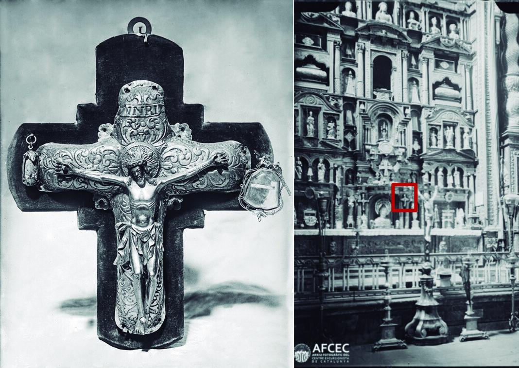 Á esquerda, fotografía inédita de 1919 localizada no Arxiu Mas do Institut Amatller d’Art Hispànic de Barcelona. Á dereita, imaxe do retablo da capela das reliquias da Catedral de Santiago, de Joaquim Morelló i Nart vía Memòria Digital de Catalunya. Montaxe: Francisco Vilar, vía Consello da Cultura Galega