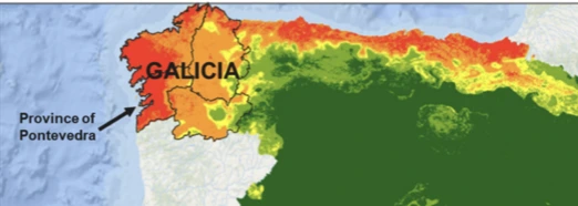 Mapa que indica a presenza de ‘Vespa velutina’ en Galicia. Imaxe extraída do artigo de investigación.