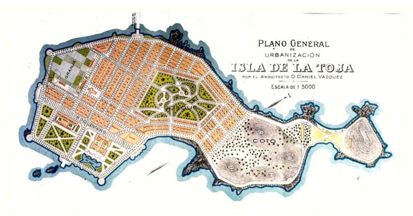 Plano xeral da urbanización da Illa da Toxa 1903. Imaxe tomada de 'Galicia, as paixases culturais xeneradas a partir da auga termal e o seu atractivo turístico', de María A. Leboreiro e Rafael Vallejo